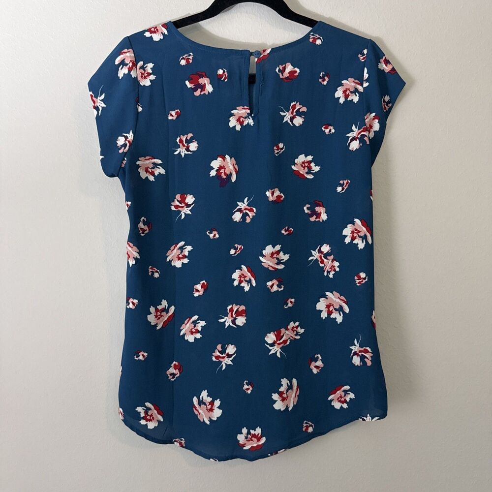 41 Hawthorne Stitch Fix Cap Sleeve Floral Blouse Medium Dark Teal Pink Flowers - Picture 2 of 5